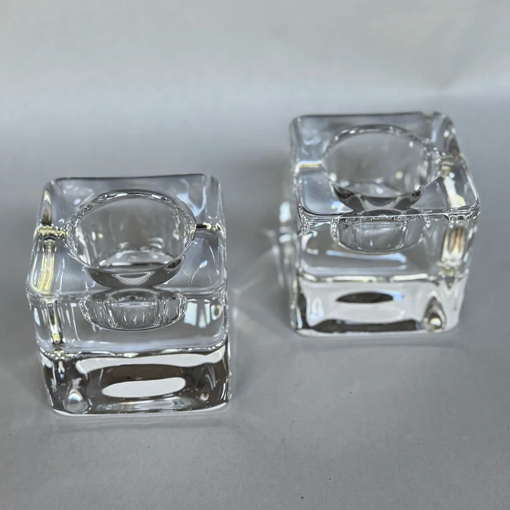 Orrefors Sweden Crystal Ice Cube Votive Candle Holders Signed Set of 2